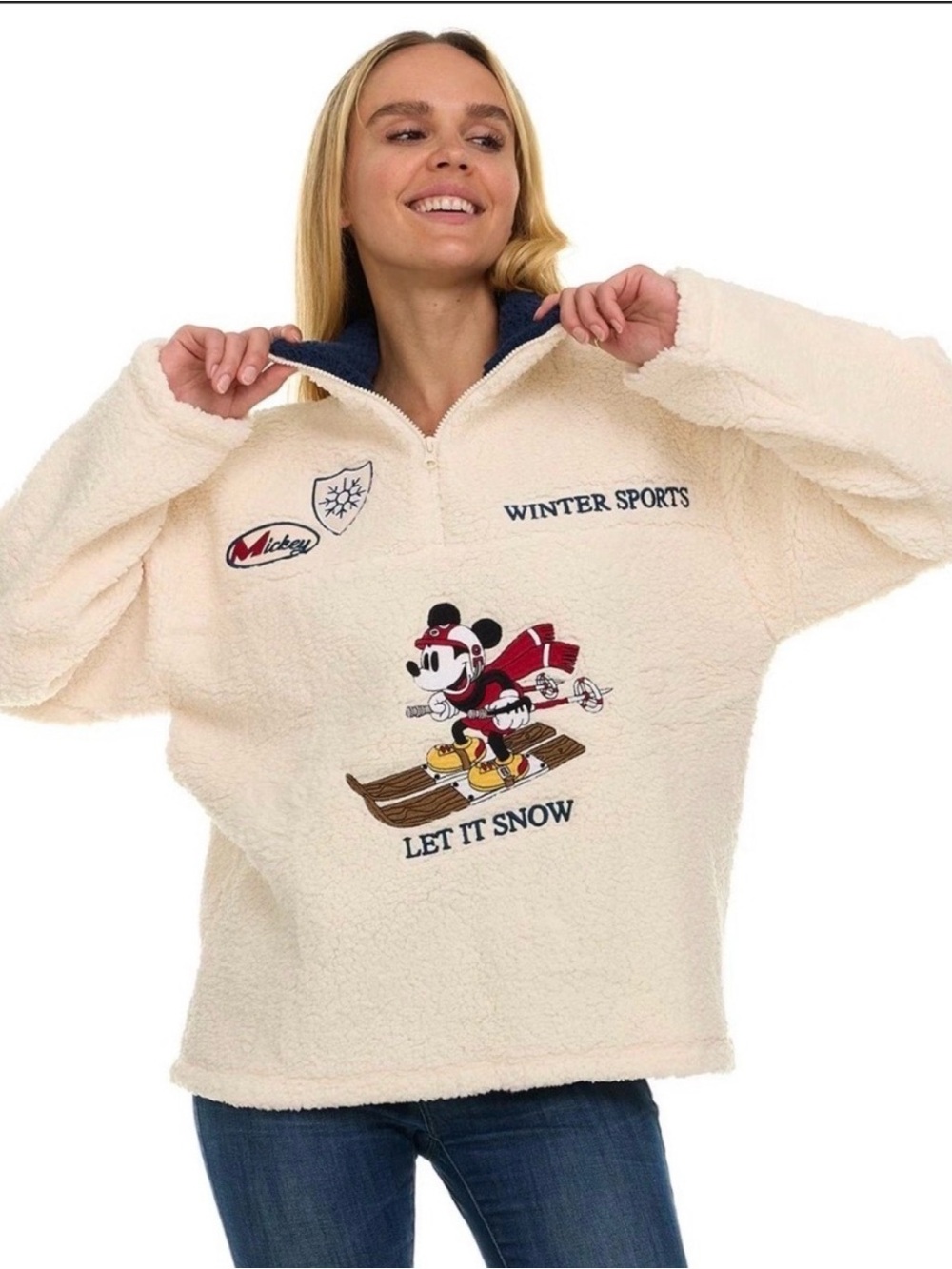 Disney Cream Sherpa Pullover with Mickey Ski Graphic Winter sports xs